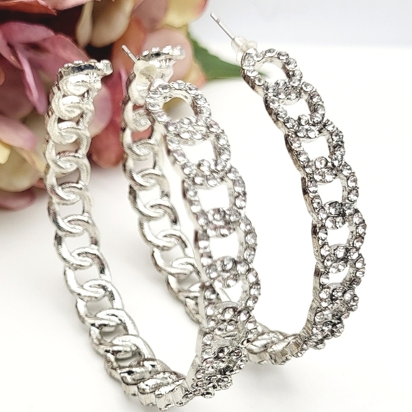 NWT nOir Jewelry large silver plated hoops inlaid rhinestones post earrings $128 - Picture 4 of 14